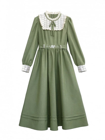 Floral Embroidery Green Vintage Dress Ruffle Neckline Puff Sleeves