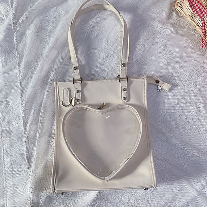 Milk White/Black Heart-shaped Window Square PU Tote Ita Bag