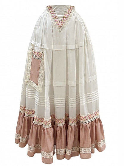 White & Pink Lace Trim Flounce Hem Vintage Southern Belles Victorian Skirt
