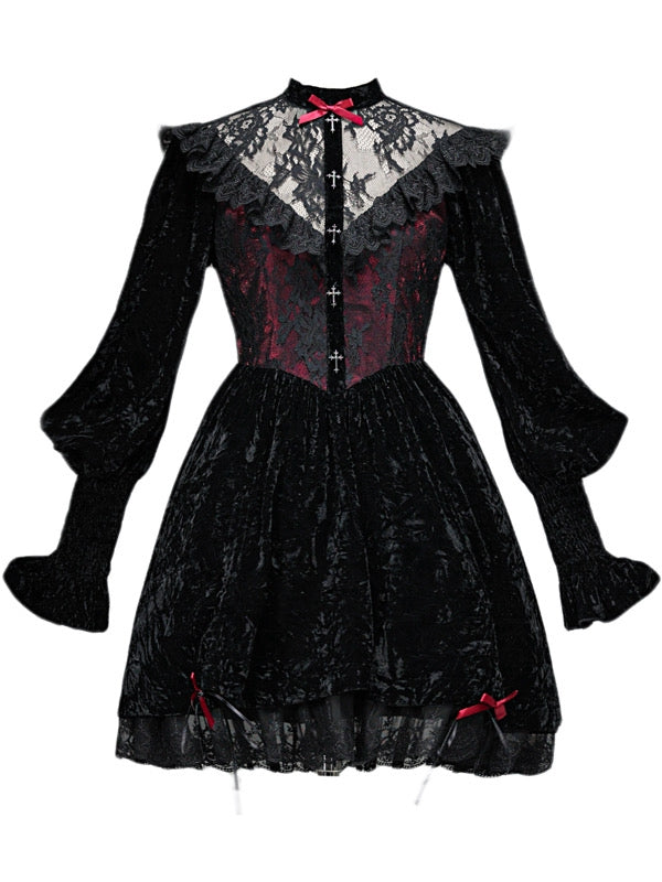 Rose Cemetery Lace Patches Bodice Drawstring Hem Dress