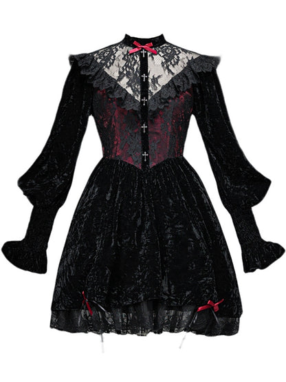 Rose Cemetery Lace Patches Bodice Drawstring Hem Dress