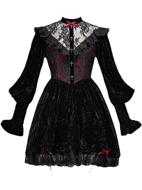 Rose Cemetery Lace Patches Bodice Drawstring Hem Dress