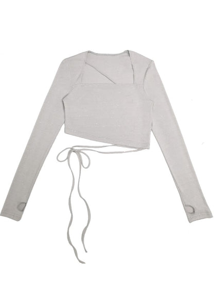 Asymmetrical Waist Long Sleeves Shinny Gray Knitted Top