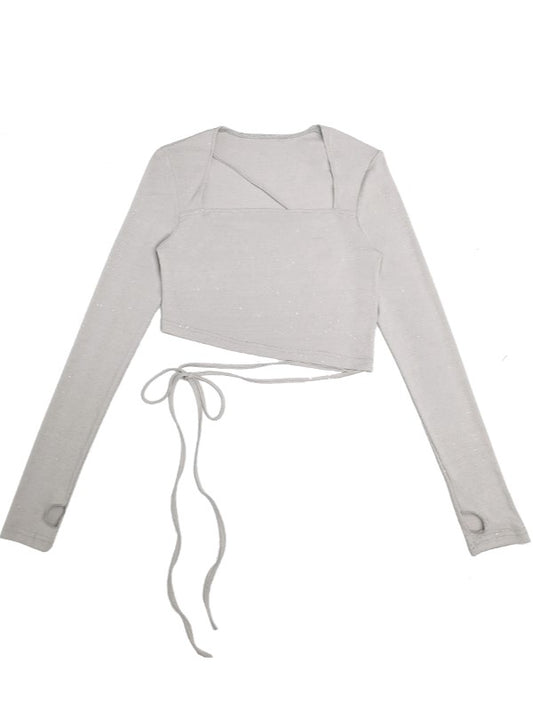 Asymmetrical Waist Long Sleeves Shinny Gray Knitted Top