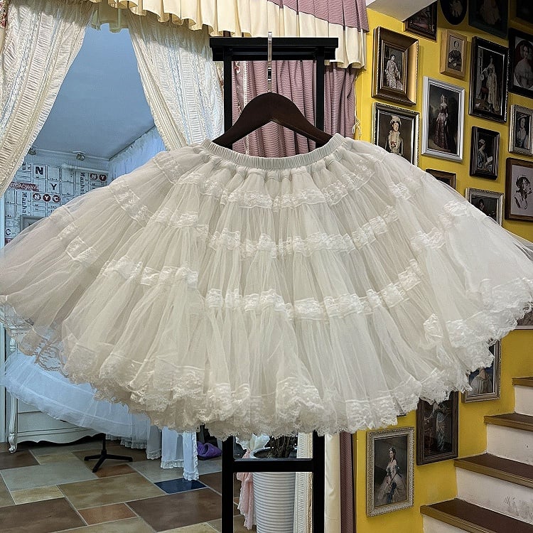 Antique Doll White/Black Lace Trim Vintage Tiered Skirt