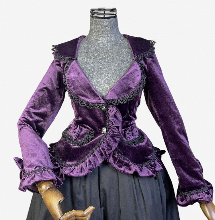 Dark Purple Lace-up Detail Velvet Jacket and Black Vintage Victorian Skirt Set