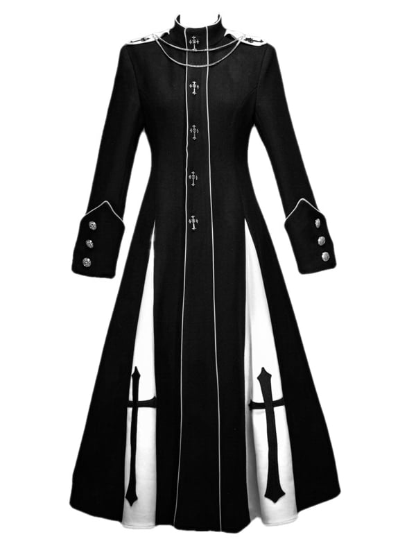 Black and White High Neck Metal Cross Decorated Gothic Woolen Coat