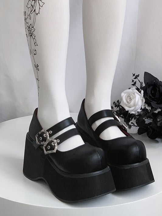 Buckle Straps Matte Black Platforms Round Toe Punk Shoes