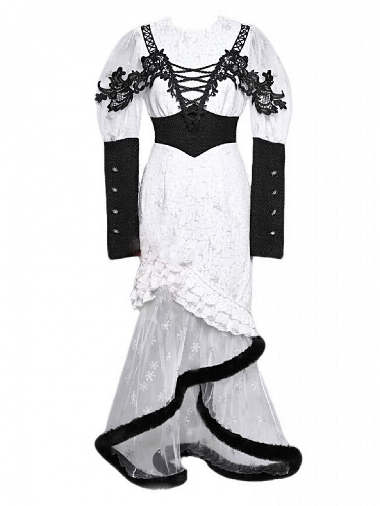 Gothic Christmas Dress Snowflake Print Mermaid Skirt with Plush Hem