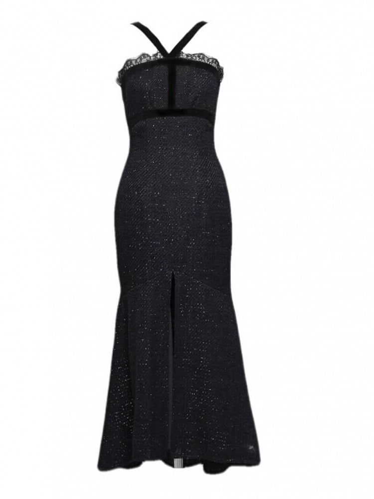 Gothic Christmas Lace Trim Thigh-high Slit Mermaid Skirt Tweed Sheath Dress