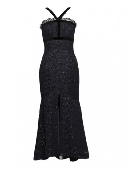 Gothic Christmas Lace Trim Thigh-high Slit Mermaid Skirt Tweed Sheath Dress