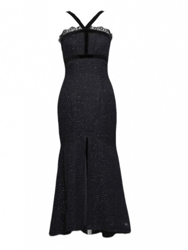 Gothic Christmas Lace Trim Thigh-high Slit Mermaid Skirt Tweed Sheath Dress