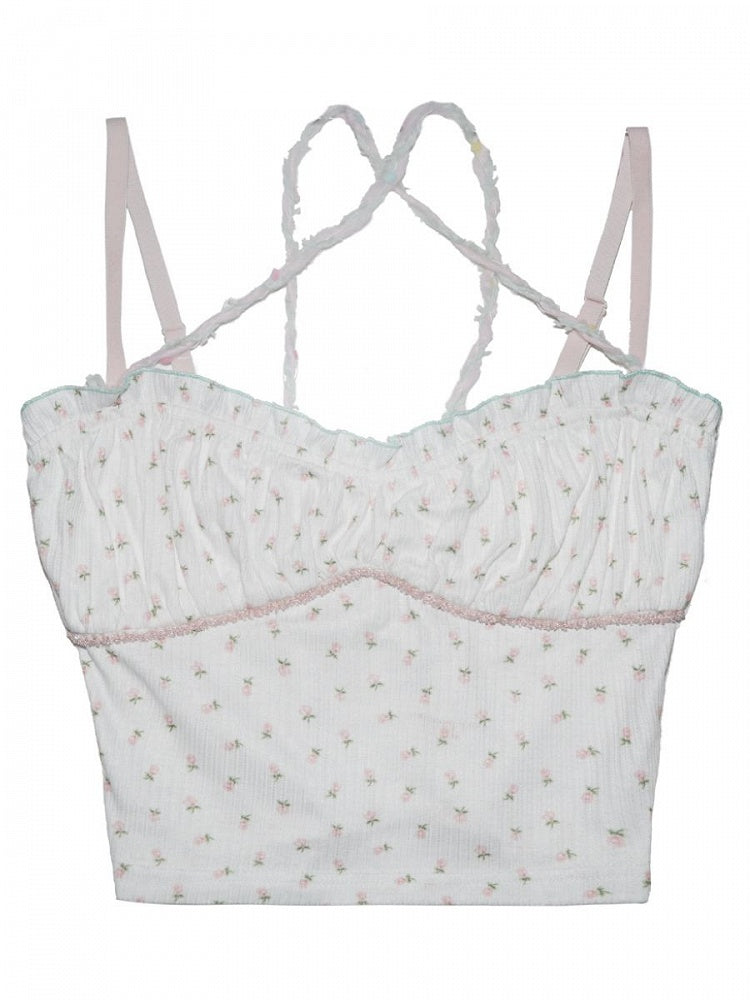 Pink/Blue Floral Print White Cami Top Ruffle Trim