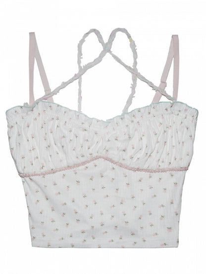 Pink/Blue Floral Print White Cami Top Ruffle Trim
