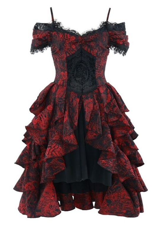 Romantic Goth Dress Cascading Ruffle Trim Wine Red and Black Vampire Dress