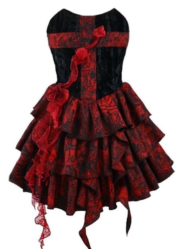 Romantic Goth Strapless Dress Cross at Bodice Jacquard Dress