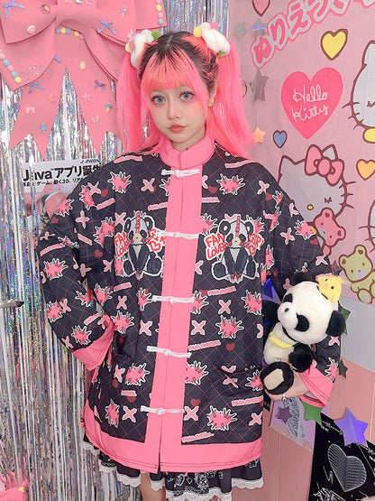 White/Black Panda Print Knot Buttons Banded Collar Jacket