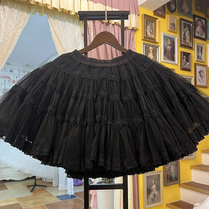 Antique Doll White/Black Lace Trim Vintage Tiered Skirt