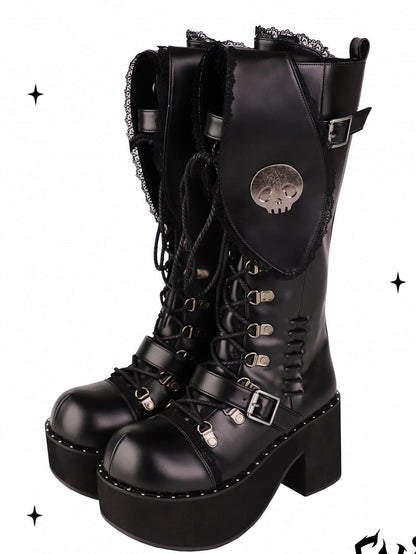 Clearance-Size 37 Bad Bunny Lace Trim Bunny Ears Design Black PU Gothic Lolita Platforms Boots