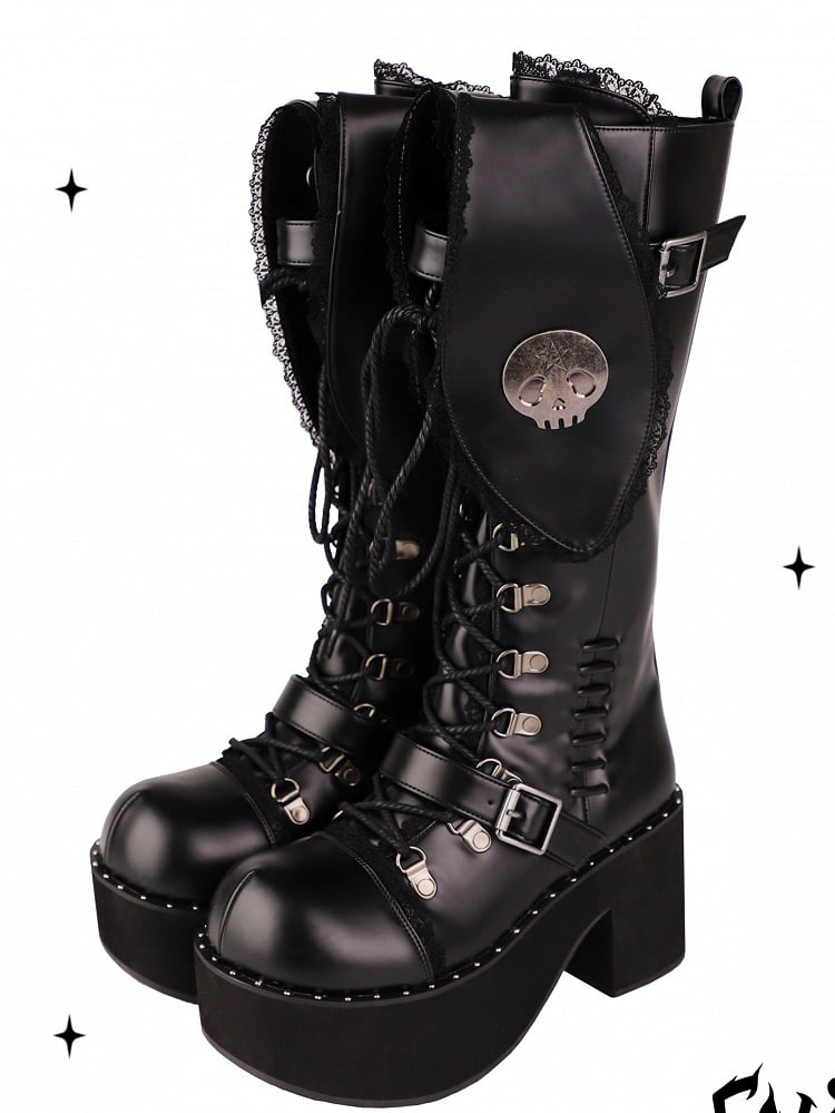 Bad Bunny Lace Trim Bunny Ears Design Black PU Gothic Lolita Platforms Boots