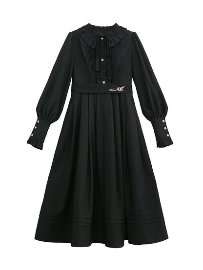 Black Bishop Sleeves Vintage Dress Ruffle Neckline