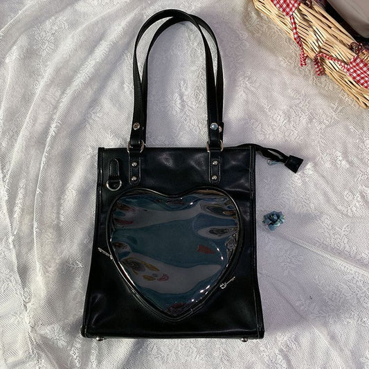 Milk White/Black Heart-shaped Window Square PU Tote Ita Bag