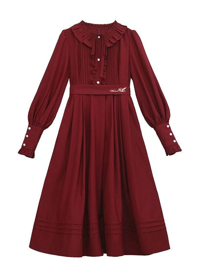 Wine Red Bishop Sleeves Vintage Dress Ruffle Neckline