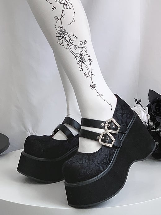 Double Buckle Straps Lace Black Punk Mary Janes