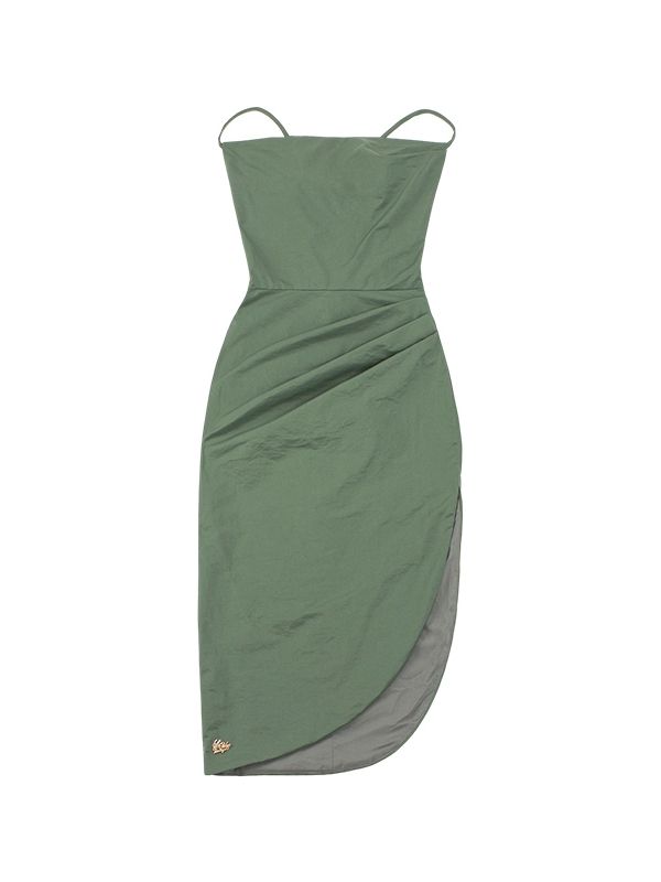 Cowl Neckline Side Thigh-high Slit Green Vintage Slip Dress