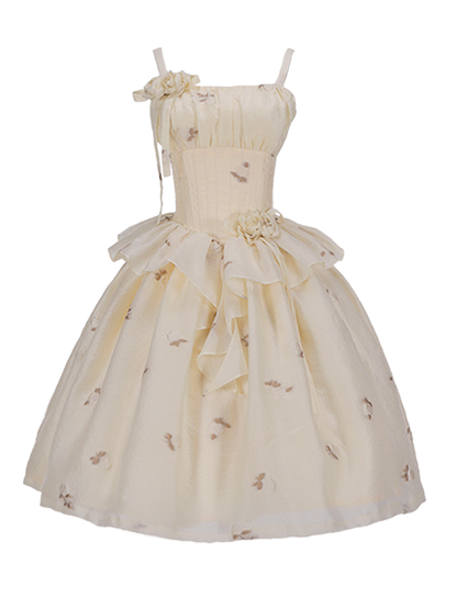 Light Yellow Floral Pattern Boned Bodice Jumper Skirt with Rosette Brooches Long Version