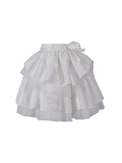 White Jacquard Tiered Skirt with Rosettes Brooch