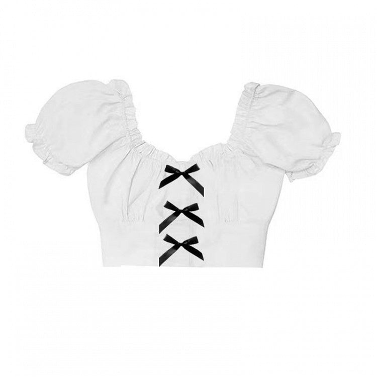 White Puff Sleeves Cropped Top with Black Bowknots