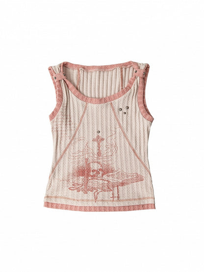 Punk Skull Print Pink Knitted Tank Top