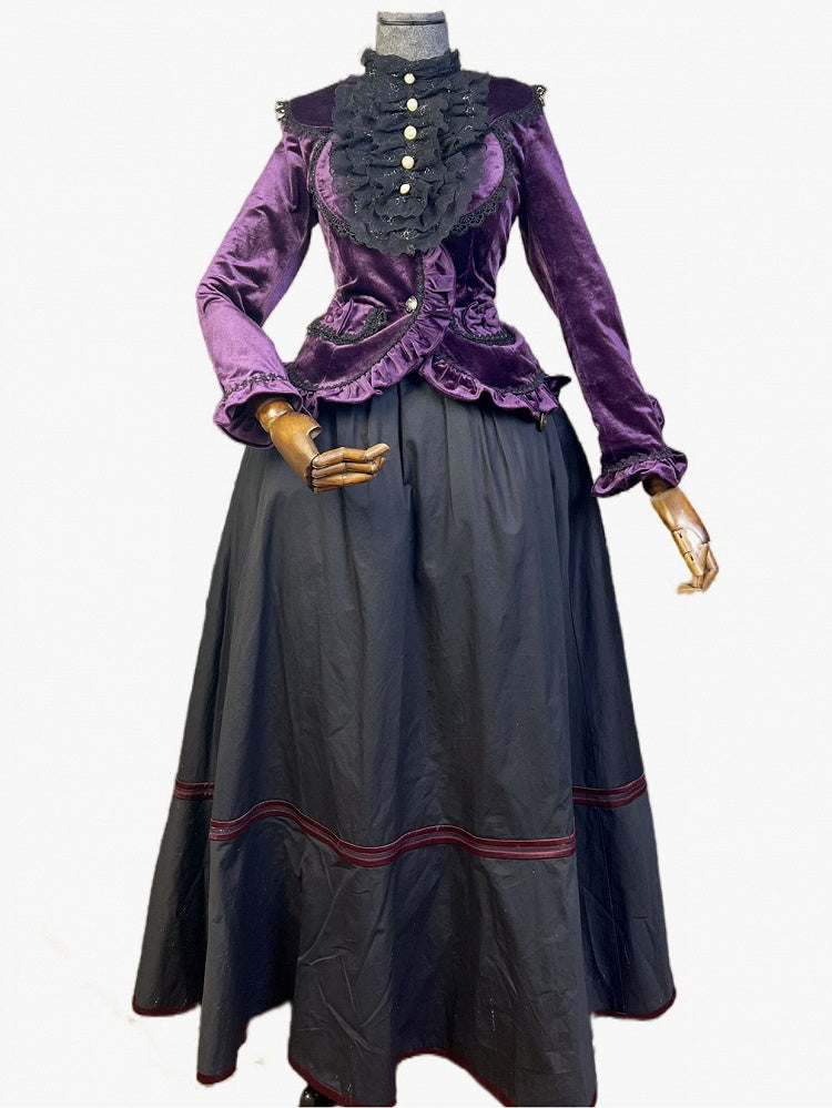 Dark Purple Lace-up Detail Velvet Jacket and Black Vintage Victorian Skirt Set