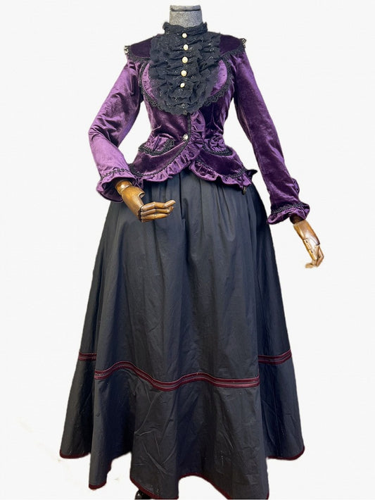 Dark Purple Lace-up Detail Velvet Jacket and Black Vintage Victorian Skirt Set