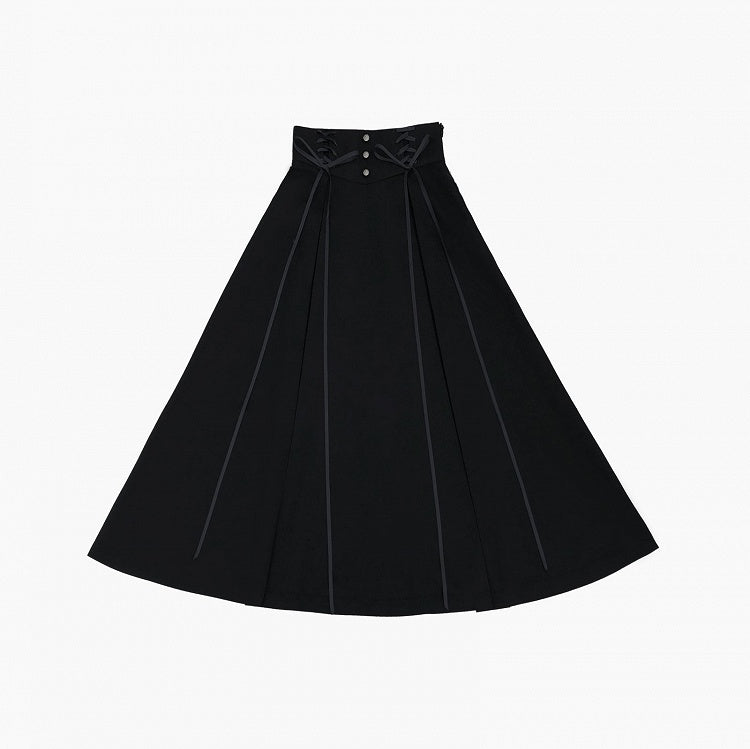 Lace-up Detail High Waist Black Flounce Hem Skirt