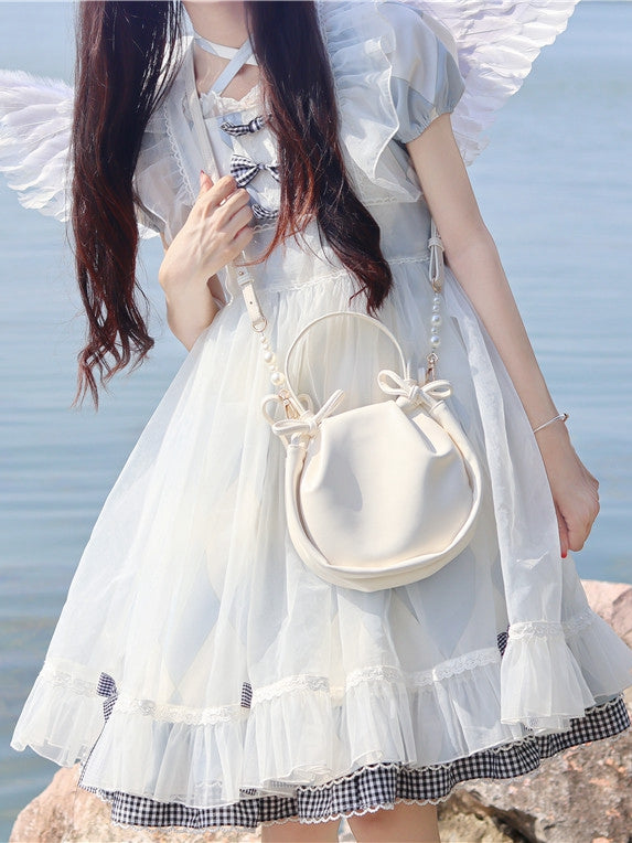 White/Apricot Beads Strap Ruffle Daily Crossbody