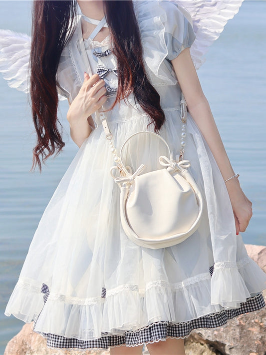 White/Apricot Beads Strap Ruffle Daily Crossbody