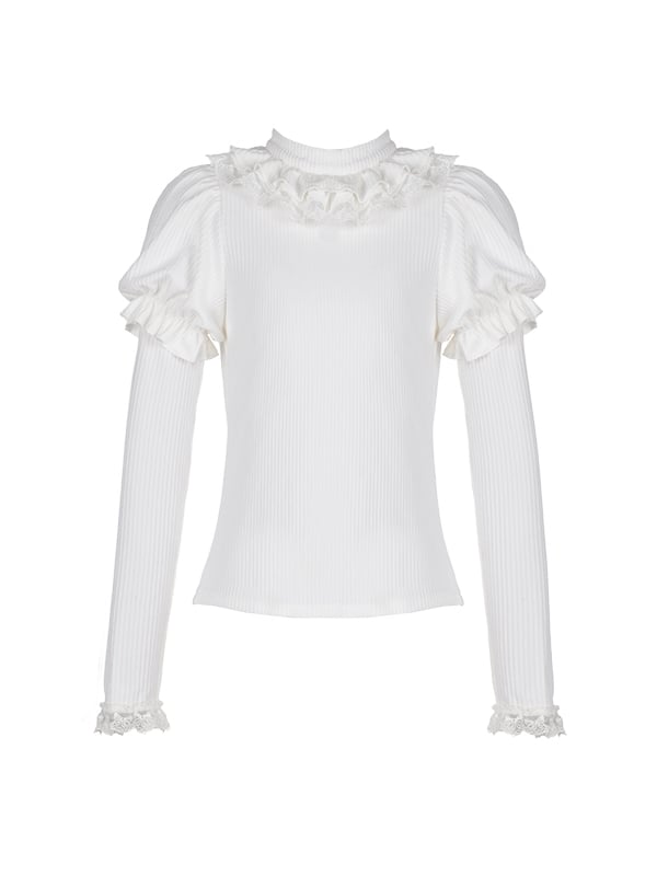 Clearance-Size S for Bust 90CM Souffle White Ruffle Trim Round Neck Autumn Knitted Top