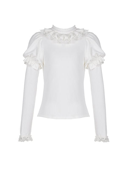 Clearance-Size S for Bust 90CM Souffle White Ruffle Trim Round Neck Autumn Knitted Top