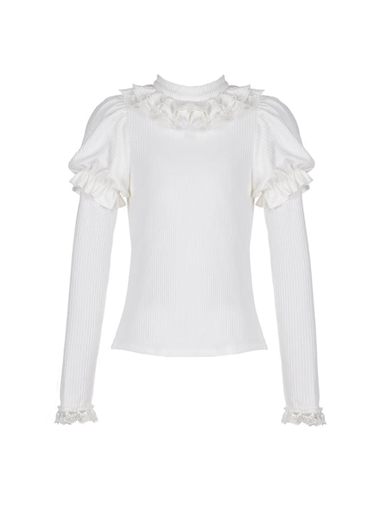Clearance-Size S for Bust 90CM Souffle White Ruffle Trim Round Neck Autumn Knitted Top