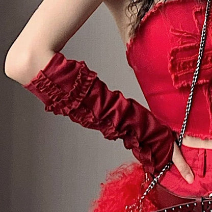 Black/White/Red Sleeves Ruffle Trim Cross Design