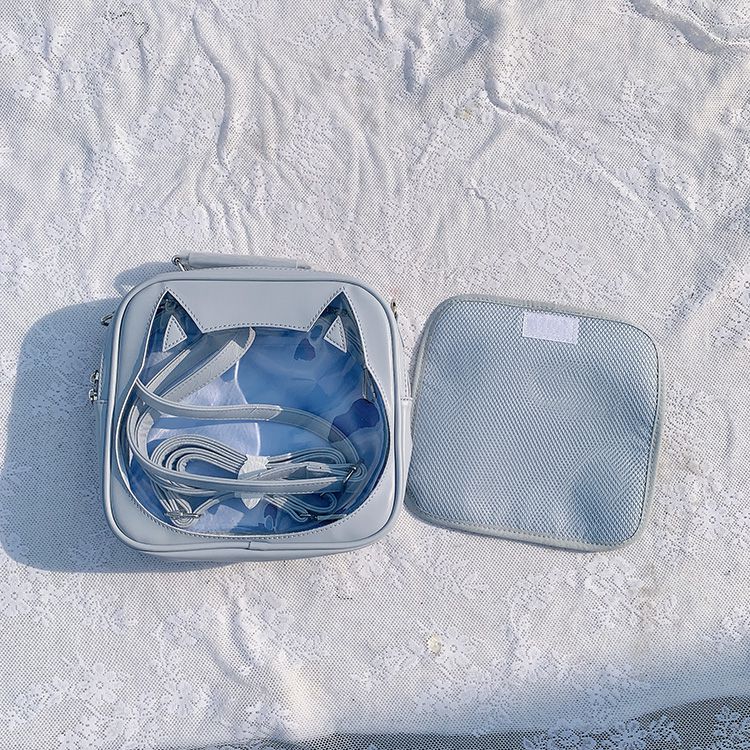 Cat Head-shaped Window Light Blue PU Square Ita Bag