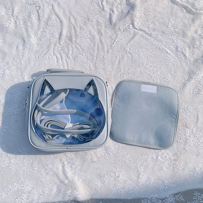 Cat Head-shaped Window Light Blue PU Square Ita Bag