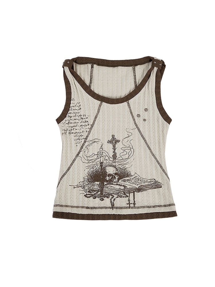Punk Skull Print Light Brown Knitted Tank Top