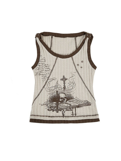 Punk Skull Print Light Brown Knitted Tank Top