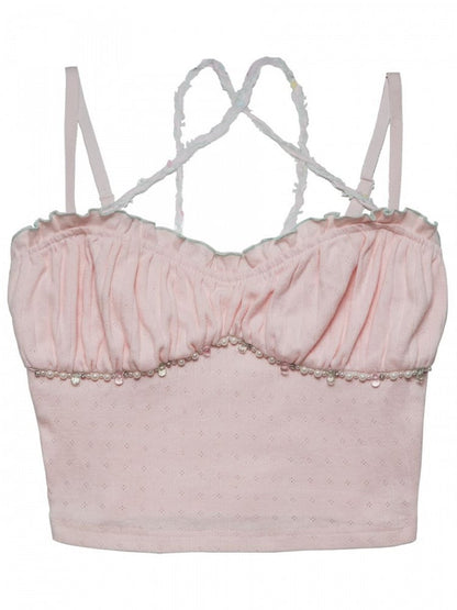 Bead Details Pink Cami Top Ruffle Trim