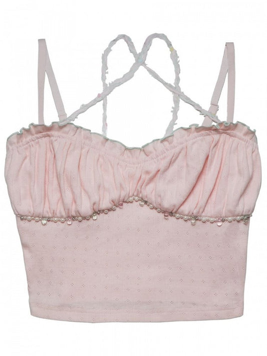 Bead Details Pink Cami Top Ruffle Trim
