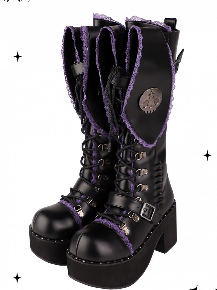 Bad Bunny Lace Trim Bunny Ears Platform Boots Black&Purple PU Gothic Shoes