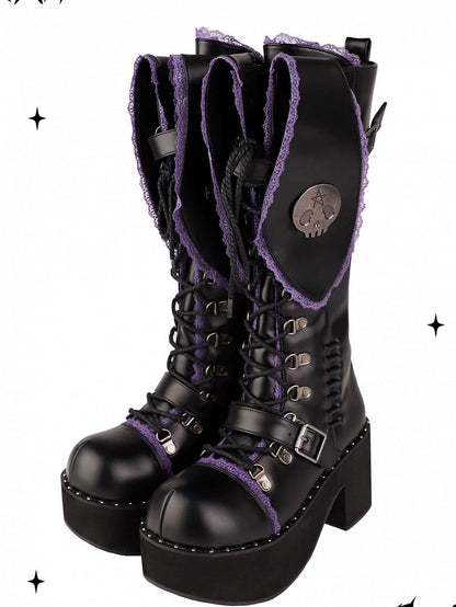 Bad Bunny Lace Trim Bunny Ears Platform Boots Black&Purple PU Gothic Shoes